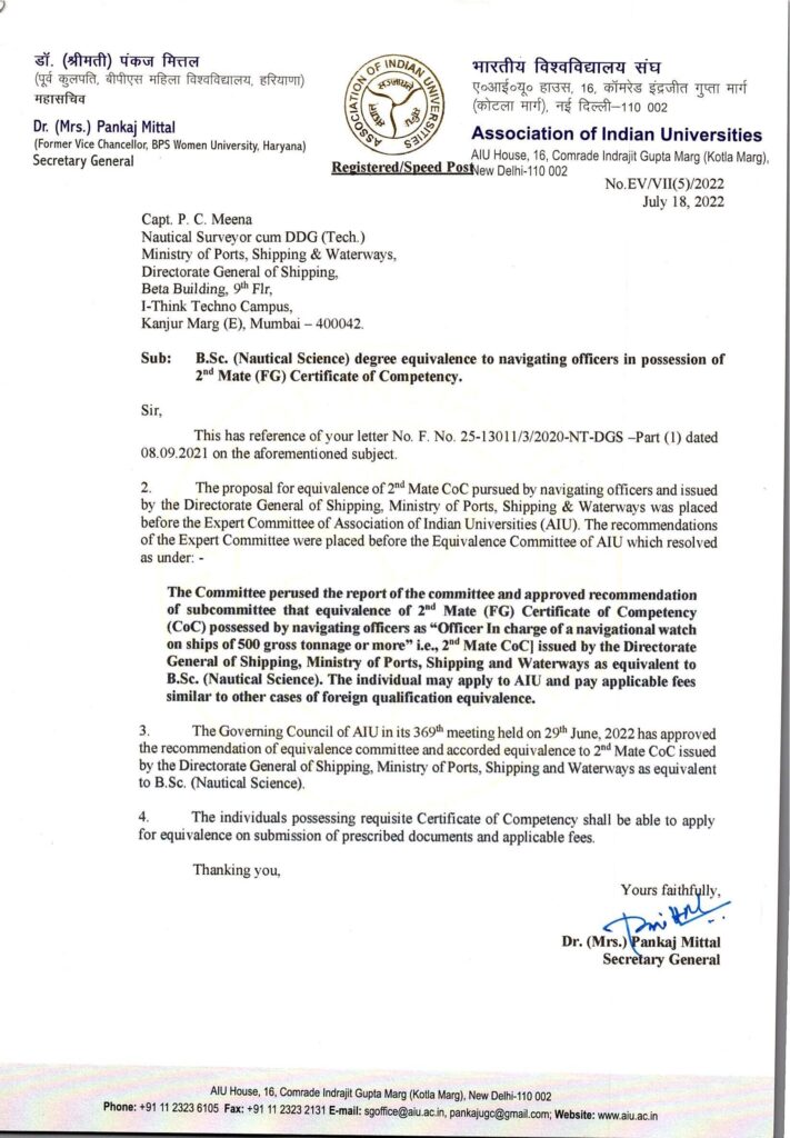 2nd Mate (FG) CoC Equivalent to B.Sc. (Nautical Science) Degree